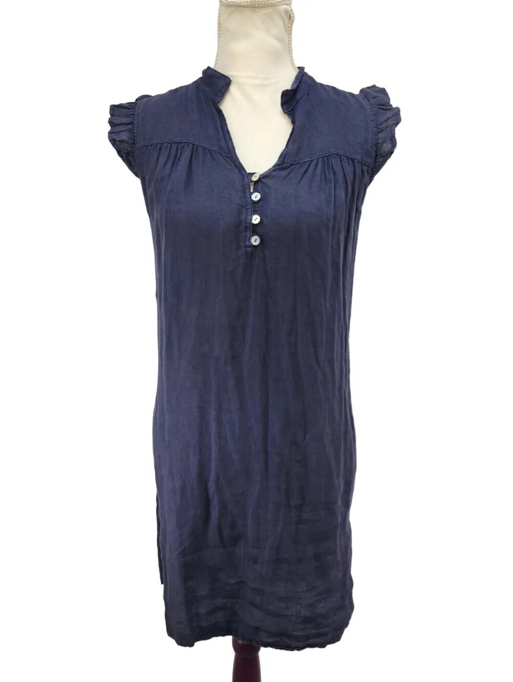 Rosemarine Navy Blue Linen Flutter Sleeve Shirt Dress S